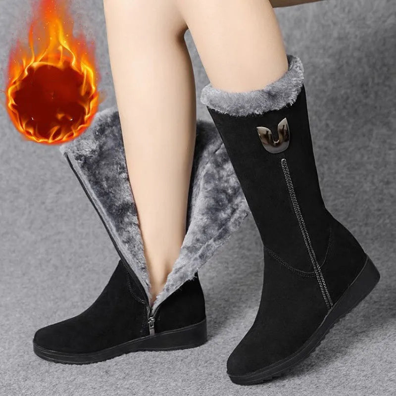 Warm Chelsea High Fur Boots Women 2022 Winter Shoes for Women Chunky Mid-calf Plush Snow Flat Boots ZIP Fashion Botas De Mujer